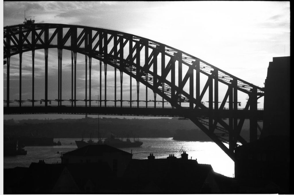 Black and white Photograph , dusk on Sydney Harbour Bridge taken from Kirribilli